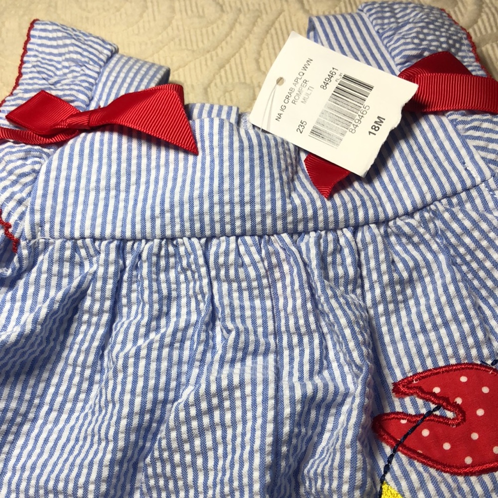 Goodlad crepe baby Blue and White Striped crepe one piece with Red Crab Design